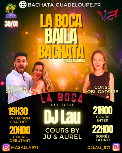 affiche la boca tous les jeudis à la boca, marina de pointe a pitre pour apprendre à danser la bachata en guadeloupe